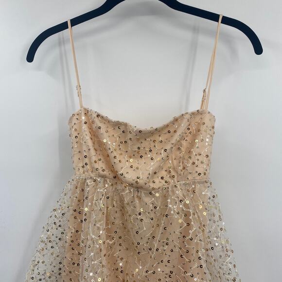 Lucy in the Sky Sequin Baby Doll Mini Dress Open Tie Bow Back Beige Womens Small - Picture 4 of 9